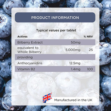 Healthspan Bilberry | 120 Tablets | Naturally Sourced | Vitamin B2 | Fresh Bilberries | Vegan