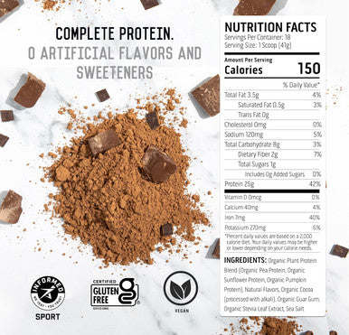 Ascent Plant Based Protein Powder - Non Dairy Vegan Protein, Zero Artificial Ingredients, Soy & Gluten , No Added Sugar, 4G Bcaa, 2G Leucine - Chocolate, 18 Servings