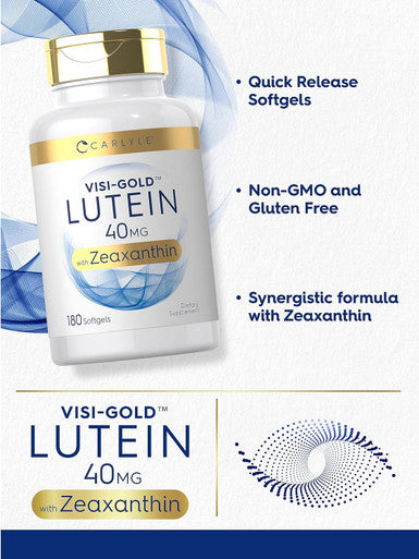 Carlyle Lutein and Zeaxanthin Supplement | 40mg | 180 Softgels | Pills for Eyes | Eye Health Vitamins | Visi-Gold | Non-GMO and Gluten