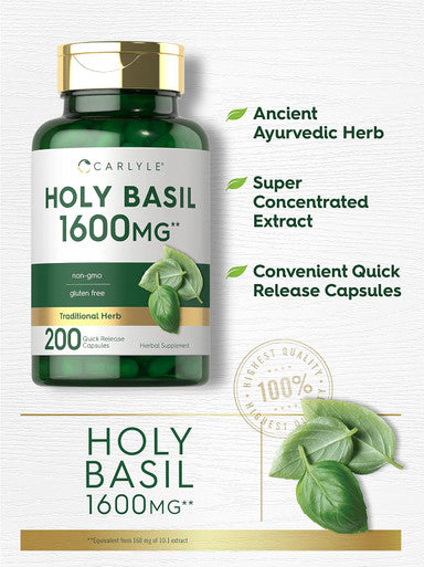 Carlyle Holy Basil Capsules 1600 mg | 200 Count | Tulsi Holy Basil Leaf Extract | Herbal Supplement | Non-GMO Gluten