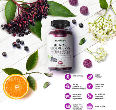 Sambucus Elderberry Gummies with Zinc Vitamin C. GreatTasting Women Mens Daily Herbal Supplement for Immune Support Skin Health. Natural Elderberries. Vegan GlutenFree