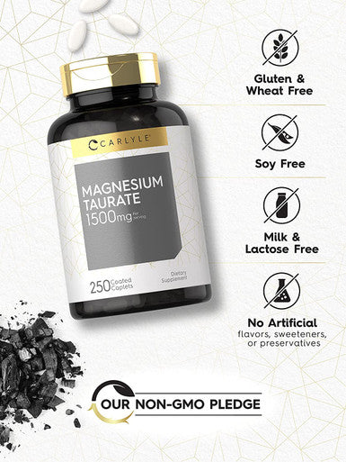 Magnesium Taurate 1500mg 250 Caplets Vegetarian Non GMO Gluten Free Supplement by Carlyle