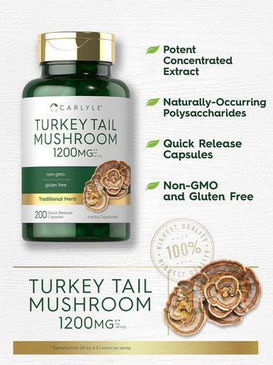 Carlyle Turkey Tail Mushroom Capsules | 1200mg | 200 Count | Non-GMO & Gluten Extract