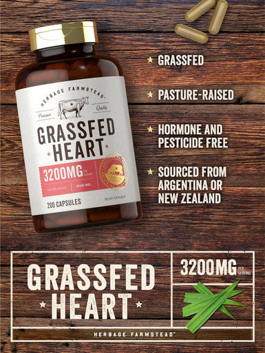 Carlyle Grass Fed Beef Heart Supplement | 3200mg | 200 Count | Desiccated Pasture Raised Bovine Capsules | Non-GMO Gluten | by Herbage Farmstead