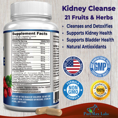 YUMMYVITE Herbal Kidney Cleanse With Cranberry Extract, Astralagus - 21 Fruits & Herbs - Detox & Cleanse Urinary Tract & Bladder Health, Kidney Support, 60 Vegan Capsules