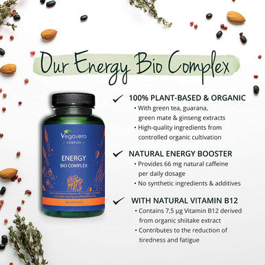 Organic Caffeine Complex VegaveroÃƒâ€šÃ‚Â® | 100% Natural | Natural Caffeine Supplement with Guarana, Mate, Green Tea, Ginseng & Vitamin B12 from Shiitake | 100% Vegan | 90 Capsules | Tiredness & Fatigue*