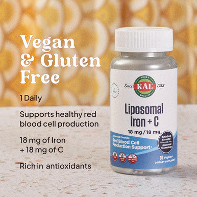 Kal Liposomal Iron Supplement With Liposomal Vitamin C, Iron Supplement For Women And Men, High Absorption, Gentle Iron Pills, Vegan, Gluten Free, 30 Servings, 30 Vegcaps