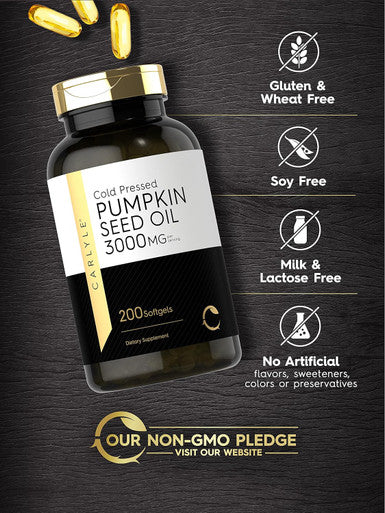 Carlyle Pumpkin Seed Oil Capsules 3000mg | 200 Count | Non-GMO and Gluten Formula | Cold Pressed Dietary Supplement