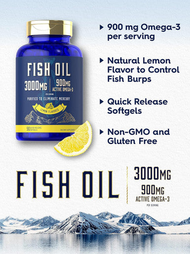 Carlyle Fish Oil 3000mg | 900mg Omega 3 | 90 Softgels | Lemon Flavor | Non-GMO and Gluten Supplement
