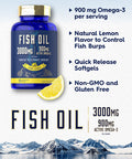 Fish Oil 3000Mg | 900Mg Omega 3 | 90 Softgels | Lemon Flavor | Non-Gmo And Gluten Free Supplement
