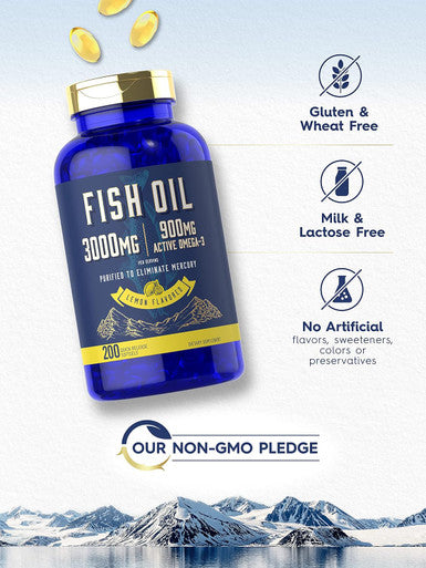 Carlyle Fish Oil 3000mg | 900mg Omega 3 | 200 Softgels | Lemon Flavor | Non-GMO and Gluten Supplement
