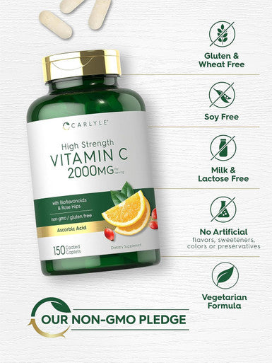 Carlyle Vitamin C 2000mg | with Rose HIPS | 150 Caplets | Vegetarian Non-GMO Gluten Supplement