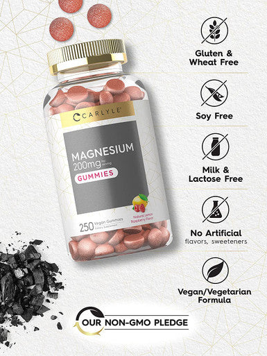Magnesium Gummies | 200mg | 250 Count | Vegan, Non-GMO, and Gluten Free Formula | Natural Lemon Raspberry Flavor | by Carlyle