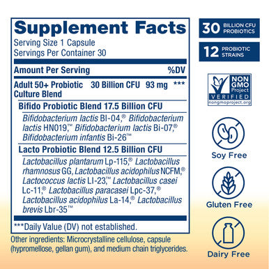 ReLife Adult Probiotic Ultimate Flora Adult 50 Probiotic Supplement Shelf Stable Gluten Dairy Soy 30 Billion CFU 90 Vegetarian Capsules packaging may vary
