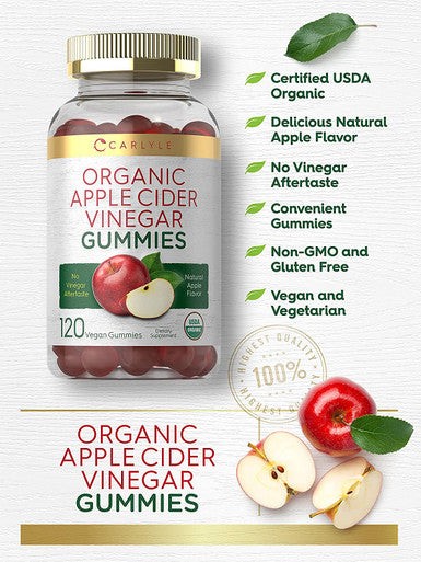 Carlyle Organic Apple Cider Vinegar Gummies | 120 Count | USDA Certified Organic | Vegan, Non-GMO & Gluten-Free ACV Gummies | Natural Apple Flavor