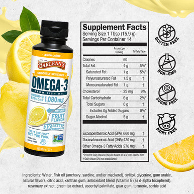 Barlean's Seriously Delicious Omega 3 Sorbet Lemon Creme From Fish Oil With 1080Mg Of Epa Dha All Natural Fruit Flavor Non Gmo Gluten Free 8 Ounce Bottle Fg 10043