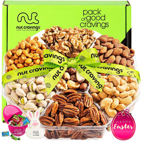 NUT CRAVINGS - Purim Mishloach Manot Mixed Nuts Gift Basket + Green Ribbon (7 Assortments, 1 LB) Ramadan Gifts Treats for Adults, Food Arrangement, Healthy Snack Care Package, Kosher
