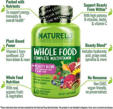 NATURELO Whole Food Multivitamin with Extra Hair, Skin and Nails Support Ãƒâ€šÃ¢â‚¬â€œ Beauty Blend with Hyaluronic Acid & Grape Seed - High Potency Biotin , Vitamin C , and Glutathione - 60 Vegan Capsules