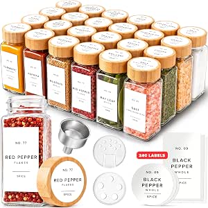 SAVVY & SORTED Glass Spice Jars with Label, 24PK Bamboo Jar Spices Set 4oz, 374 Spice Labels, Pepper Grinder, Empty Herb Seasoning Containers, Funnel and Shaker Lids