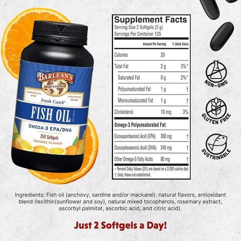 Barlean'S Omega 3 Fish Oil Supplements Supplement Softgels For Men And Women 600Mg Epa And Dha Fatty Acids Orange Flavored 100 Count