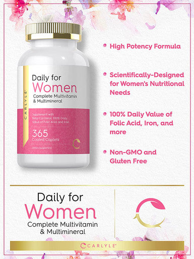WomenÃƒâ€šÃ¢â‚¬â„¢s Multivitamin | 365 Caplets | Vitamin and Mineral Supplement | with Iron | Non-GMO, Gluten Free | by Carlyle