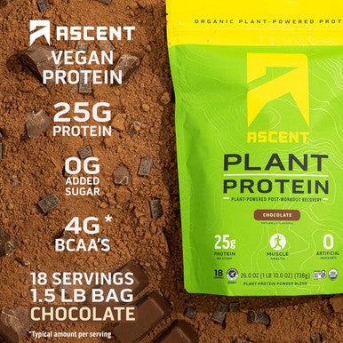 Ascent Plant Based Protein Powder - Non Dairy Vegan Protein, Zero Artificial Ingredients, Soy & Gluten , No Added Sugar, 4G Bcaa, 2G Leucine - Chocolate, 18 Servings