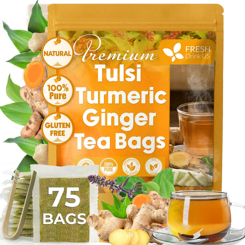 FreshDrinkUS, Premium 75 Mulberry Leaf Tea Bags, 100% Natural & Pure from Mulberry Leaves. Loose Leaf Herbal Tea. Made with Natural Material Tea Bags. No Sugar, No Caffeine, No Gluten, Vegan.