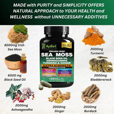 Organic Irish Sea Moss 8000Mg, Black Seed Oil 6000Mg, Ashwagandha 2000Mg, Turmeric 2000Mg, Bladderwrack 2000Mg, Burdock 2000Mg, Ginger, Vit C&Vit D3, Elderberry, Manuka, Dandelion, Yellow Dock