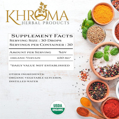 Khroma Herbal Products Organic Vervain - 650 MG Per Serving - 2 Oz Liquid in Glass Bottle USDA Organic Vegan Kosher 3rd Party Tested