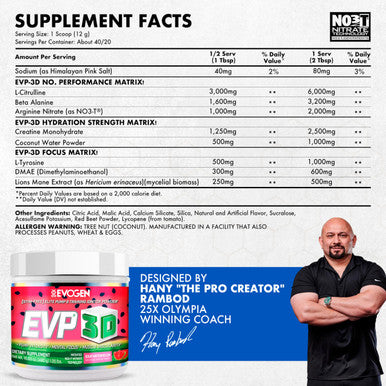 Evogen EVP 3D - Stim Free Pre Workout Powder for Men & Women | Sugar Free Non Stim Preworkout with Beta Alanine and Creatine for Energy & Pump | Sour Watermelon | 40 Servings