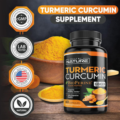 Built Nature Turmeric Supplement Tumeric Curcumin With Black Pepper And Ginger Curcuma Bioperine - 95% Curcuminoids Max Absorption, Natural Joint & Antioxidant, Non-Gmo, Vegan Gluten Free 60 Capsules