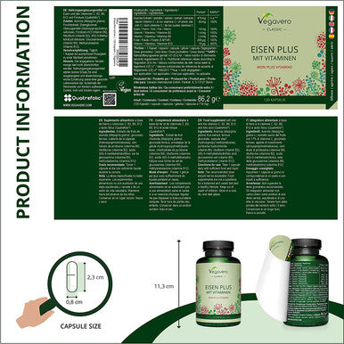 Iron Supplement Vegavero | 14 mg | with Vitamin C & B Vitamins | 120 Vegan Capsules | NO Additives