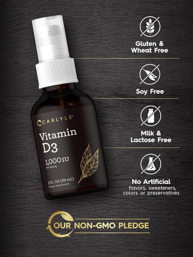 Carlyle Vitamin D3 1000IU Liquid Spray | 4 FL Oz (2 x 2 fl oz) | 2 Pack | Vegetarian Non-GMO Gluten Supplement