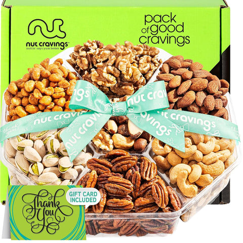 NUT CRAVINGS - Purim Mishloach Manot Mixed Nuts Gift Basket + Green Ribbon (7 Assortments, 1 LB) Ramadan Gifts Treats for Adults, Food Arrangement, Healthy Snack Care Package, Kosher