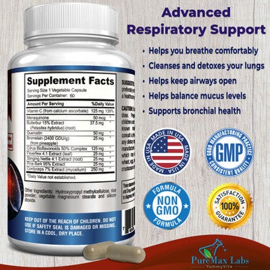 YUMMYVITE Lung Support Supplement, Lung Cleanse & Lung Detox Formula, Lung Health Support For Clear Lungs, Comfortable Breathing, Bronchial Health, 60 Capsules