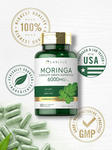 Carlyle Moringa Oleifera | 180 Capsules | Non-GMO and Gluten Supplement | Complete Green Superfood | from Moringa Leaf Powder