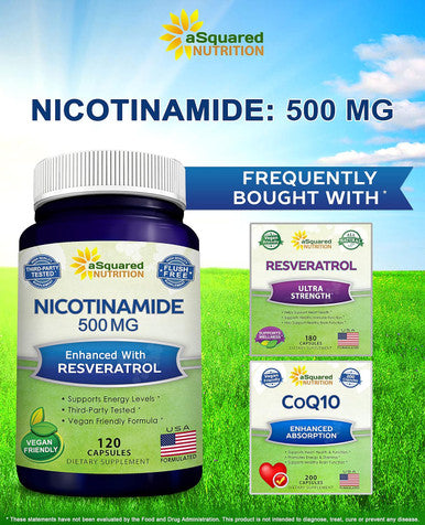 Asquared Nutrition Nicotinamide With Resveratrol - 120 Veggie Capsules - Vitamin B3 500Mg (Niacinamide Flush Free) - Supplement Pills To Support Nad, Skin Cell Health & Energy