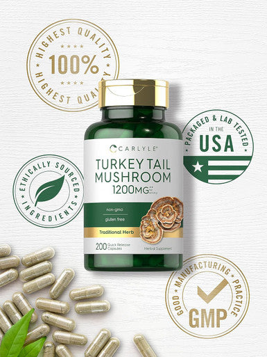 Carlyle Turkey Tail Mushroom Capsules | 1200mg | 200 Count | Non-GMO & Gluten Extract