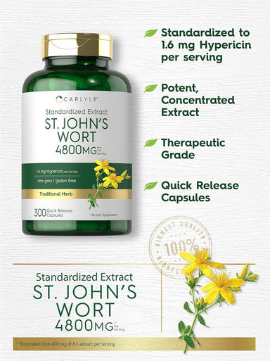 Carlyle St John's Wort Capsules | 4800mg | 300 Count | Non-GMO & Gluten Supplement | Standardized Extract