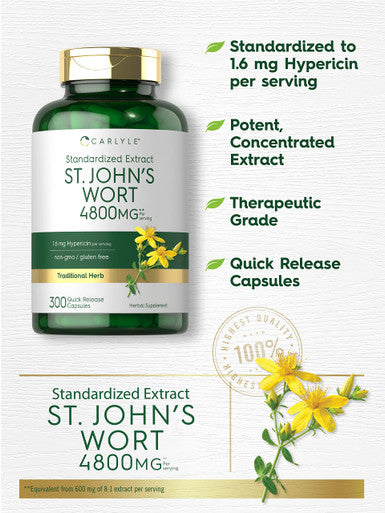 Carlyle St John'S Wort Supplement | 4800Mg | 300 Capsules | Non-Gmo & Gluten Free | Standardized Extract