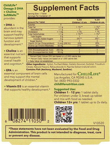 CHILDLIFE ESSENTIALS Omega-3 DHA + Choline SoftMelts - All-Natural Support for Optimal Brain & Nervous System Development & Function in Children & Teens, Sugar-Free - Passion Fruit Flavor, 27 Tablets
