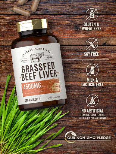 Grassfed Beef Liver Capsules 4500mg | 250 Count | Desiccated Supplement | Non-GMO, Gluten Free | by Herbage Farmstead