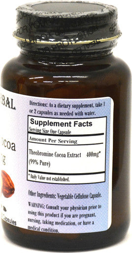 Barlowe's Herbal Elixirs Theobromine Cocoa Extract 99% - 60 400mg VegiCaps - Stearate Free, Bottled in Glass!