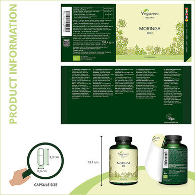 Organic Moringa Oleifera 1800mg VegaveroÃƒâ€šÃ‚Â® | 270 Capsules | Pure Moringa Leaf Powder from Sri Lanka | Vegan & NO Additives | Natural Source of Proteins, Vitamins & Minerals