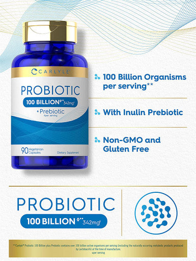 Carlyle Probiotics 100 Billion CFU | 90 Capsules | with Prebiotics for Women & Men | Vegetarian, Non-GMO & Gluten Free Supplement
