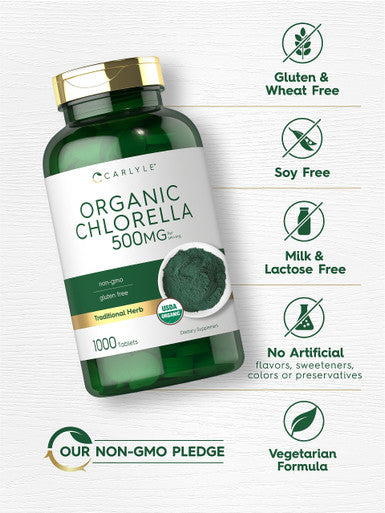 Carlyle Chlorella Tablets Organic 500 Mg | 1000 Count | Vegetarian, Non-Gmo, And Gluten Free