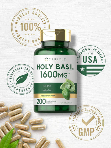 Carlyle Holy Basil Capsules 1600 mg | 200 Count | Tulsi Holy Basil Leaf Extract | Herbal Supplement | Non-GMO Gluten