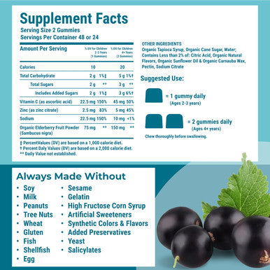 Hyland's s Kids Organic Elderberry Plus Gummies, Organic Black Elderberry with ZINC and Vitamin C, Immune Support for Children, 48 Vegan Gummies (2 Pack)