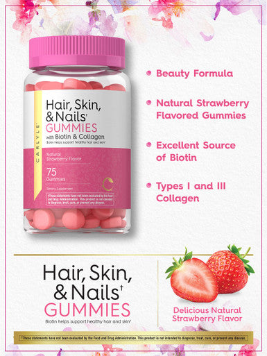 Carlyle Hair Skin And Nails Vitamins | 75 Gummies | With Biotin And Collagen | Gummy Supplement For Women | Strawberry Flavor