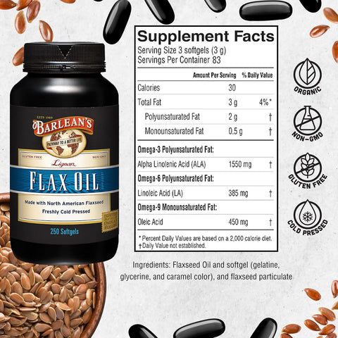 Barlean'S Lignan Flaxseed Oil Softgels Cold-Pressed Flax Seed Supplement With 1550 Mg Ala Omega-3 Fatty Acids For Joint & Heart Health 1000Mg 250 Ct